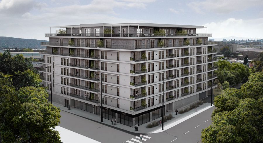 Visualisierung ZION Residence: achtgeschossiges Wohn- und Geschäftshaus mit begrünten Balkonen und Dachterrasse